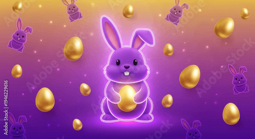 Vector Happy Easter illustration with realistic shine neon bunny and golden egg on color background. 3d cartoon style pattern design with golden egg and purple rabbit for easter hunt banner, card