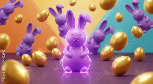 Vector Happy Easter illustration with realistic shine neon bunny and golden egg on color background. 3d cartoon style pattern design with golden egg and purple rabbit for easter hunt banner, card