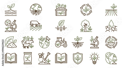 Collection of Nature and Environment Themed Line Art Icons. Vector Icons Set