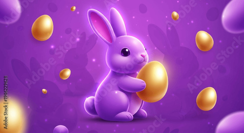 Vector Happy Easter illustration with realistic shine neon bunny and golden egg on color background. 3d cartoon style pattern design with golden egg and purple rabbit for easter hunt banner, card