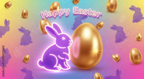 Vector Happy Easter illustration with realistic shine neon bunny and golden egg on color background. 3d cartoon style pattern design with golden egg and purple rabbit for easter hunt banner, card