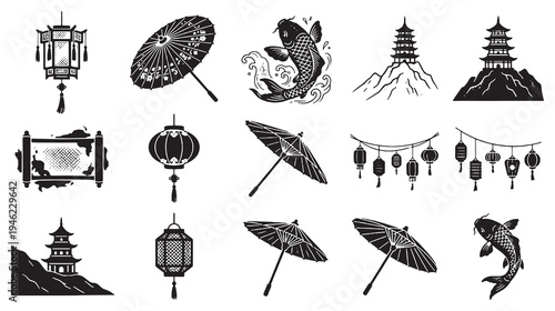 Collection of traditional Japanese and Chinese cultural icons including lanterns, umbrellas, pagodas, and koi fish.