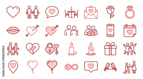 Collection of Romantic Love and Heart Symbols for Valentines Day. Vector Icons Set