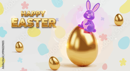 Vector Happy Easter illustration with realistic shine neon bunny and golden egg on color background. 3d cartoon style pattern design with golden egg and purple rabbit for easter hunt banner, card