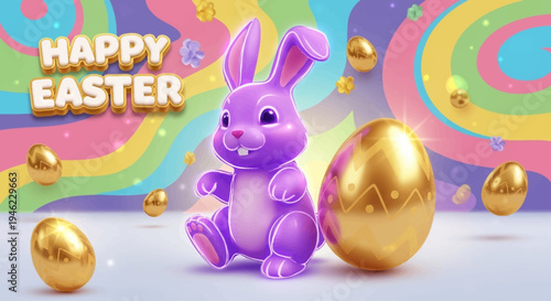 Vector Happy Easter illustration with realistic shine neon bunny and golden egg on color background. 3d cartoon style pattern design with golden egg and purple rabbit for easter hunt banner, card