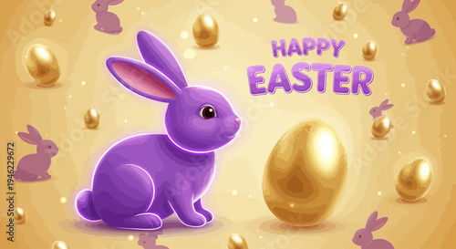Vector Happy Easter illustration with realistic shine neon bunny and golden egg on color background. 3d cartoon style pattern design with golden egg and purple rabbit for easter hunt banner, card