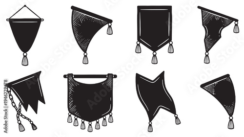 Collection of eight different black banner designs with tassels and chains, hand-drawn sketch style.