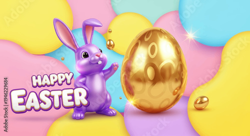 Vector Happy Easter illustration with realistic shine neon bunny and golden egg on color background. 3d cartoon style pattern design with golden egg and purple rabbit for easter hunt banner, card