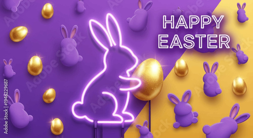 Vector Happy Easter illustration with realistic shine neon bunny and golden egg on color background. 3d cartoon style pattern design with golden egg and purple rabbit for easter hunt banner, card