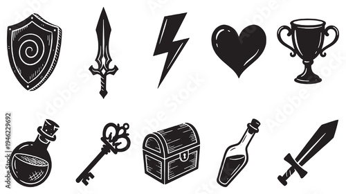 Collection of fantasy game icons including a shield, sword, potion, key, treasure chest, trophy, and heart.