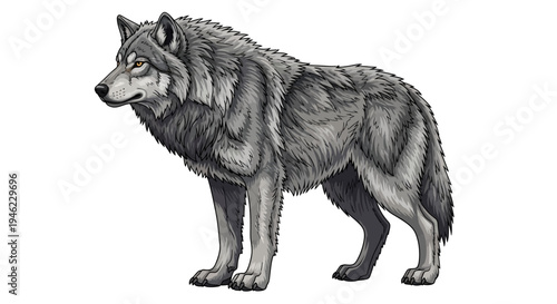 A large and wild dire wolf with grey fur isolated on a white background. Big canis dirus, a giant canine animal from the Pleistocene and ice age era