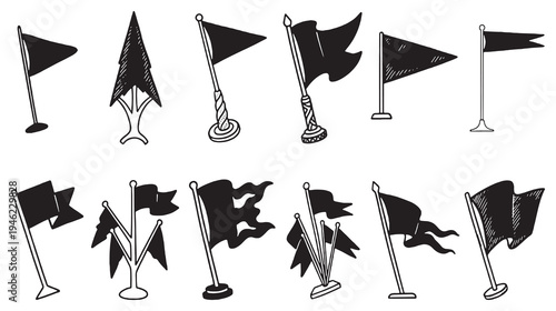 Collection of hand-drawn black flags and pennants on poles, isolated on white background.