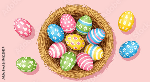  Colorful Easter eggs rest in straw nest on pink background, cheerful spring still life, top view with copy space for design