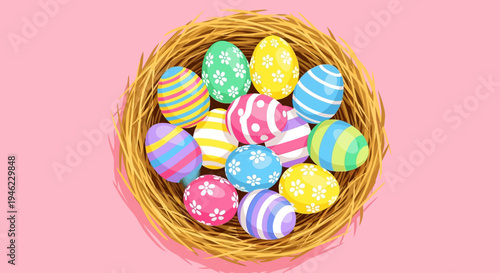  Colorful Easter eggs rest in straw nest on pink background, cheerful spring still life, top view with copy space for design