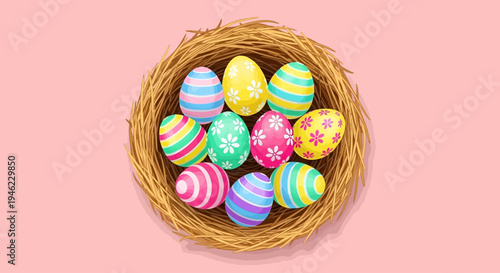  Colorful Easter eggs rest in straw nest on pink background, cheerful spring still life, top view with copy space for design
