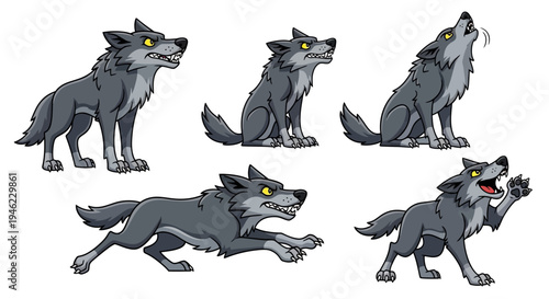 Dire Wolf Various Poses Cartoon Vector Character