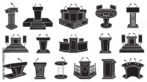 Collection of diverse podiums and lecterns with microphones for public speaking and presentations.