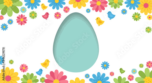 Easter background with flowers and shape of Easter egg in the middle. Vector banner in flat style