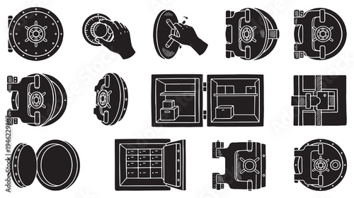 Collection of stylized icons representing various types of safes and vault doors, illustrating security and storage solutions.