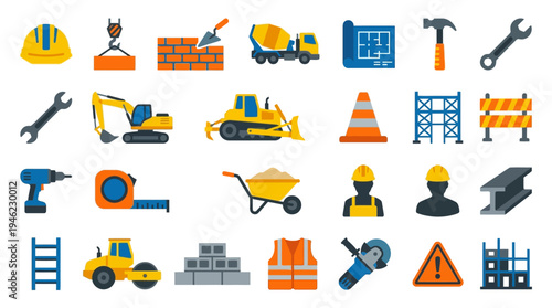 Construction Tools and Equipment for Building Projects. Vector Icons Set