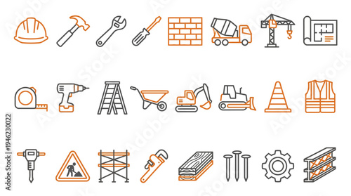 Construction Site with Tools and Equipment for Building Projects. Vector Icons Set