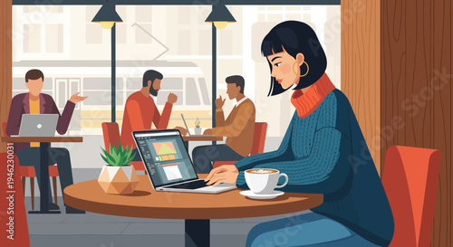 A young woman with a bun in a blue sweater works on her laptop at a wooden table with breakfast items and a plant by the window.