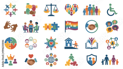 Diverse Icons Representing Community Equality and Support in a Colorful Collection. Vector Icons Set