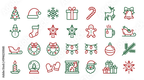 Festive Christmas Icons Collection with Holiday Decorations and Symbols. Vector Icons Set