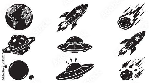 Collection of Space and Sci-Fi Icons Including Planets, Rockets, UFOs, and Asteroids.