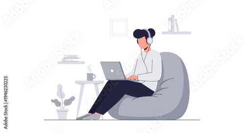 An illustration of a person wearing headphones, sitting on a bean bag chair, and working on a laptop in a comfortable home office setting.
