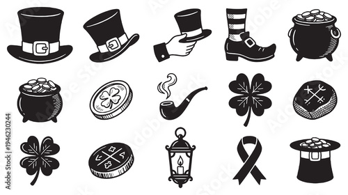 Collection of St. Patrick's Day symbols and icons in black and white, including leprechaun hats, pots of gold, shamrocks, and a lucky coin.