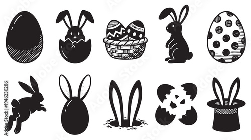 Collection of Easter bunny and egg icons in black and white, perfect for holiday designs.