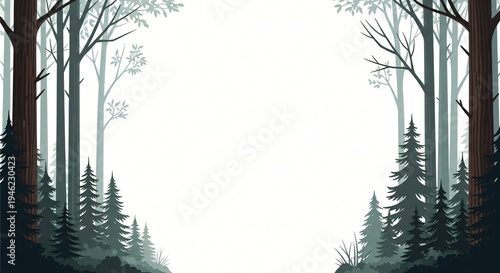 Forest illustration creating a natural frame with lush green trees and foliage forming a decorative border composition.