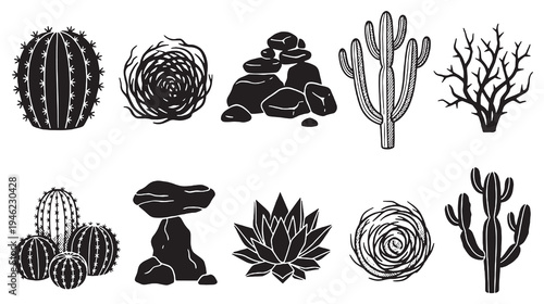 Collection of desert plants and rock formations in silhouette style.