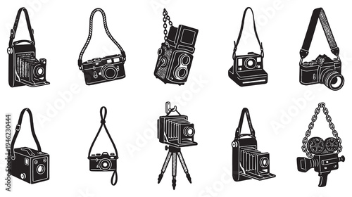 Collection of vintage and retro cameras, including film cameras and early video cameras, isolated on a white background.