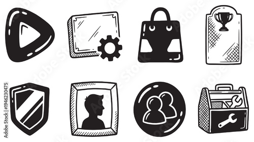 Collection of hand-drawn icons representing various concepts like media playback, settings, shopping, awards, security, profiles, teamwork, and tools.