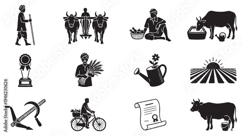 Collection of agricultural icons representing farming, rural life, and rural professions in a stylized black and white design.