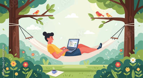 A person working remotely on a laptop while relaxing in a hammock suspended between two trees in a lush, green outdoor environment with birds.