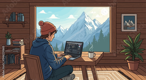 A person works on a laptop in a cozy wooden cabin with a stunning mountain view outside the window, embodying remote work and a nature-connected lifestyle.
