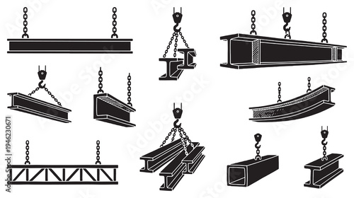 Collection of various steel beams and girders being lifted by cranes and chains, illustrating construction and industrial processes.