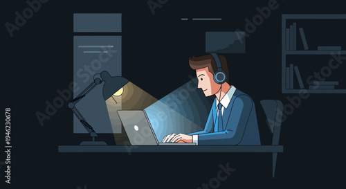A focused man wearing headphones works on a laptop at a desk in a dimly lit room, illuminated by a desk lamp.