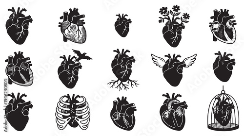 Collection of stylized anatomical heart illustrations with various symbolic elements.