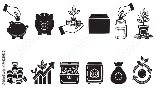Collection of financial icons representing savings, investment, and wealth growth.
