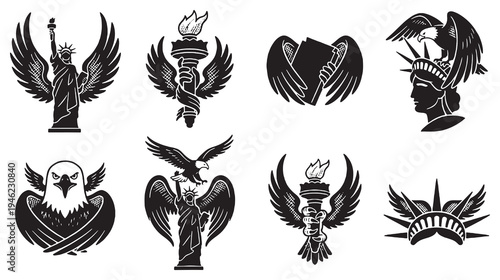 Collection of American Symbols and Icons Including the Statue of Liberty and Eagles.