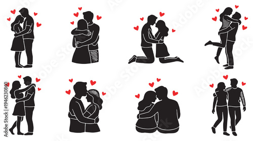 Collection of Silhouette Illustrations Depicting Couples in Romantic Embraces with Heart Symbols.