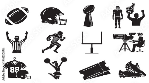 Collection of American Football Icons and Symbols Representing the Sport and Game Day Experience.
