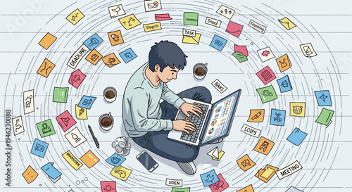 A person working on a laptop surrounded by a whirlwind of colorful notes and ideas, illustrating productivity or information overload.