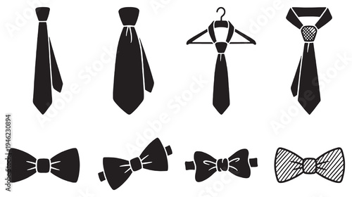 Collection of black silhouette icons representing various neckties and bow ties, displayed on a white background.