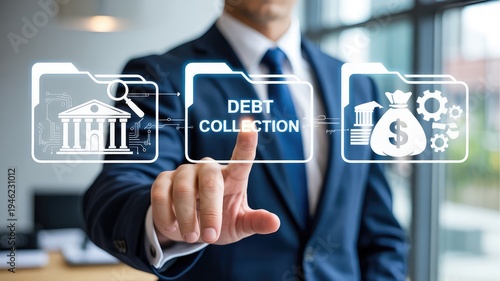 Professional man touching a digital screen displaying debt collection folders and financial management icons in a modern office en