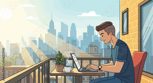 Young man working remotely on a laptop from a sunny city balcony with a skyline view.